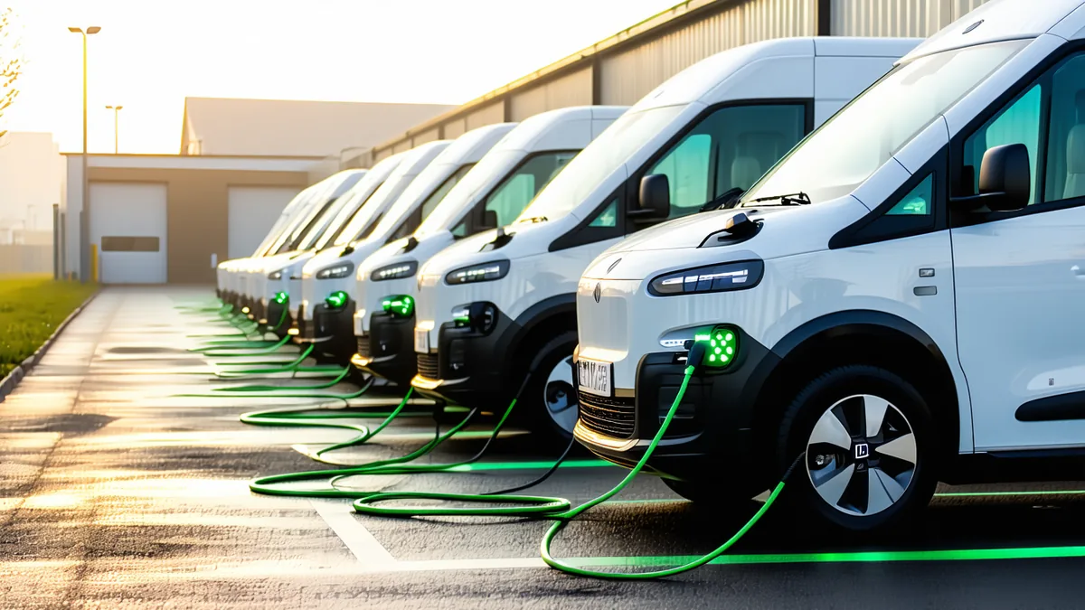 Electric delivery vans lined up in a logistics depot ready for morning dispatch