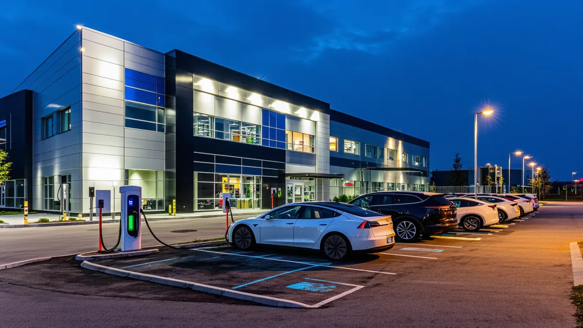 Modern commercial building parking garage with EV charging stations and electrical infrastructure