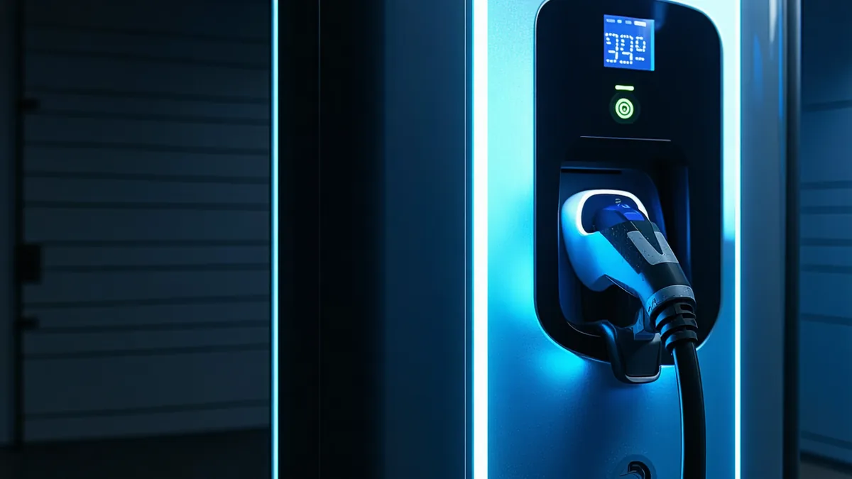 Close-up of EV charging connector with data interface cables, representing OCPP protocol communication