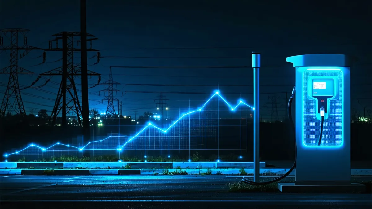 Night aerial view of a large logistics depot with electric vehicles charging, emphasizing scale and energy demand