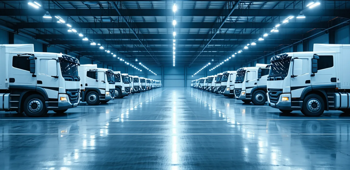 Row of electric delivery trucks parked at a large depot charging facility, industrial setting with modern charging infrastructure