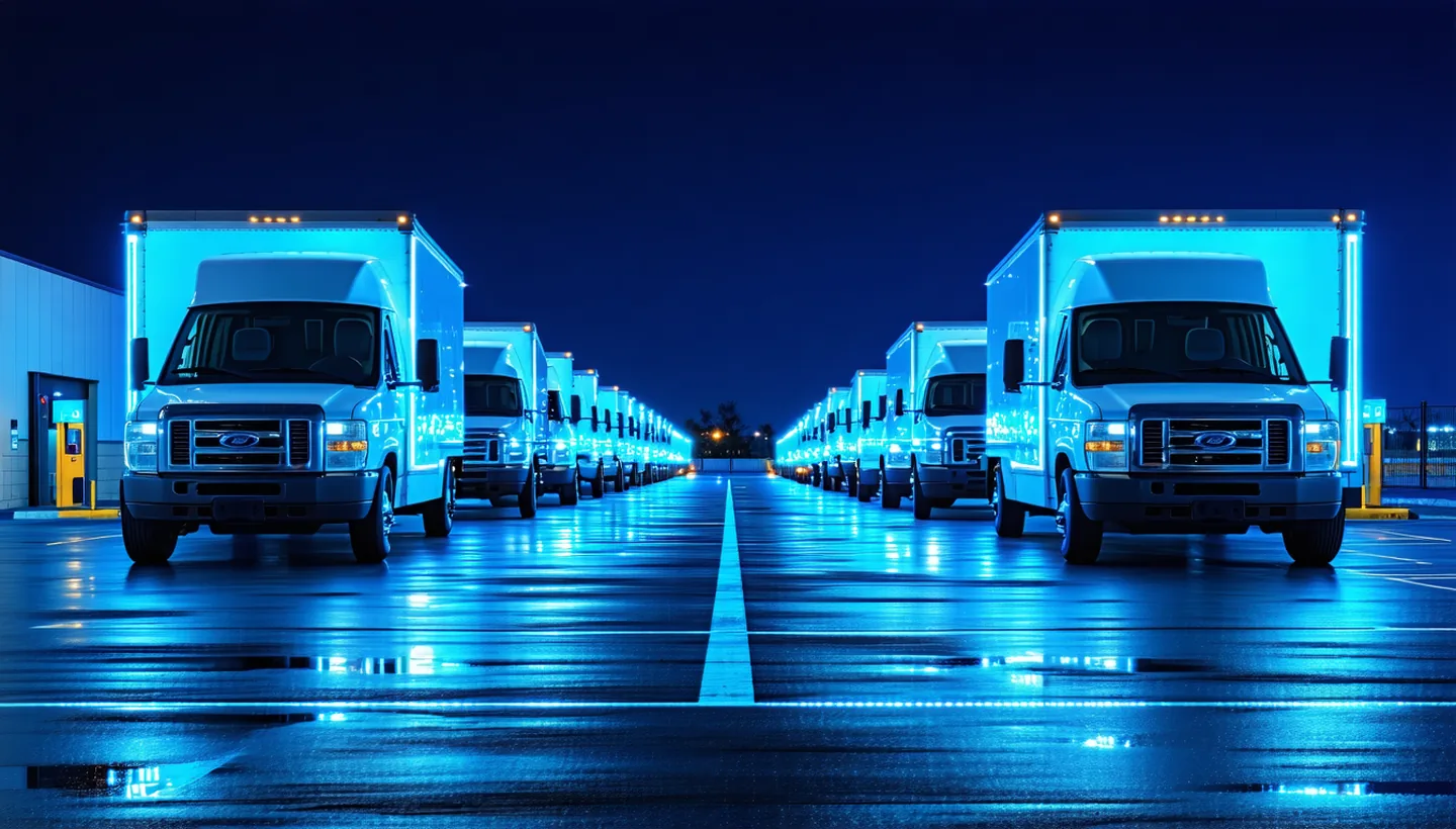 Electric vehicle depot at night with rows of trucks and vans plugged into charging stations, electric-cyan cable glow against deep blue industrial atmosphere