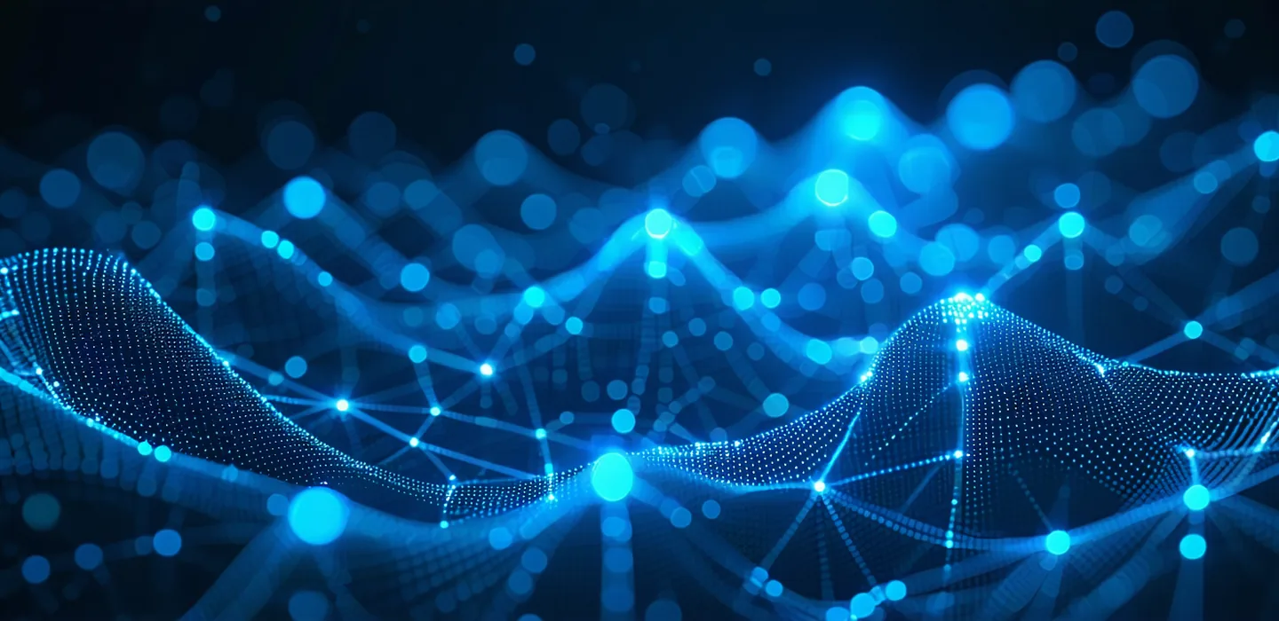 Abstract visualization of fleet energy data — glowing grid patterns representing vehicle state-of-charge and power flow across a depot network