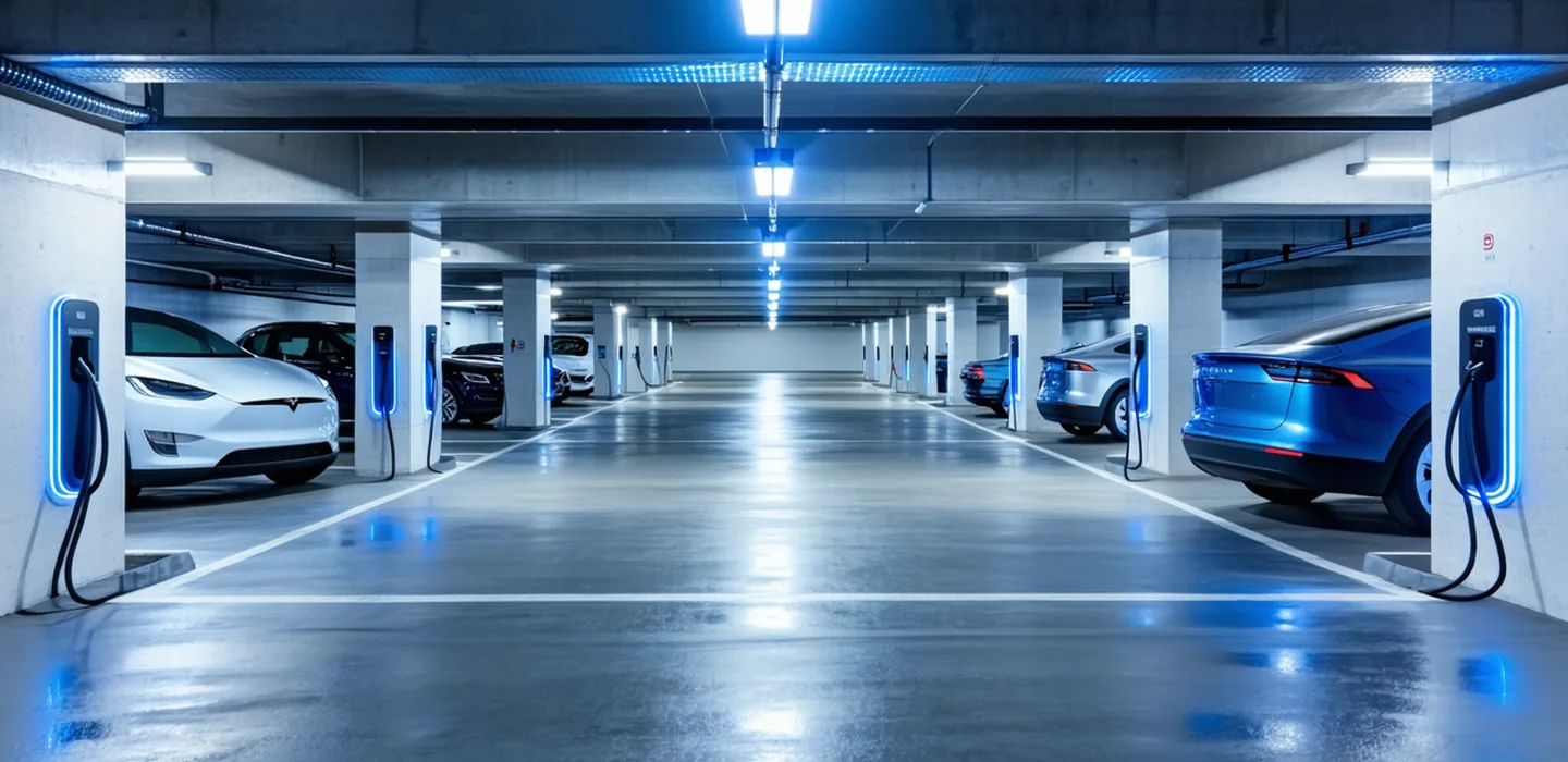 Modern commercial car park interior with neat rows of EV charging stations on structural columns, architectural lighting